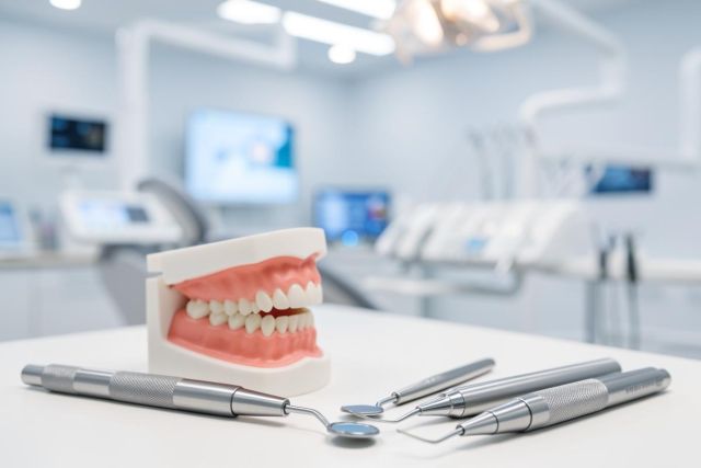 A realistic dental model of teeth and pink gums is displayed on a clean white surface alongside silver dental instruments. The background shows a bright, modern, and professional dental clinic with blurred medical monitors and equipment. The scene uses a clean color palette of white, silver, and soft pink, perfect for dental healthcare and oral hygiene themes.