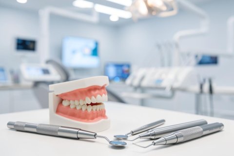A realistic dental model of teeth and pink gums is displayed on a clean white surface alongside silver dental instruments. The background shows a bright, modern, and professional dental clinic with blurred medical monitors and equipment. The scene uses a clean color palette of white, silver, and soft pink, perfect for dental healthcare and oral hygiene themes.