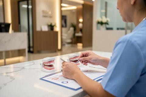 A dental professional in blue scrubs examines a dental model and uses tools over clinical documents on a white marble countertop. Set in a bright, modern dental clinic with a clean and professional atmosphere, the scene depicts dental consultation or patient education.