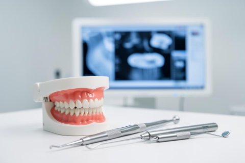 Professional dental clinic setting featuring a realistic teeth model and silver dental instruments on a white surface. A blurred computer monitor in the background displays a dental X-ray scan. The clean, bright environment with light blue and white tones emphasizes oral health, dentistry, and modern dental technology.