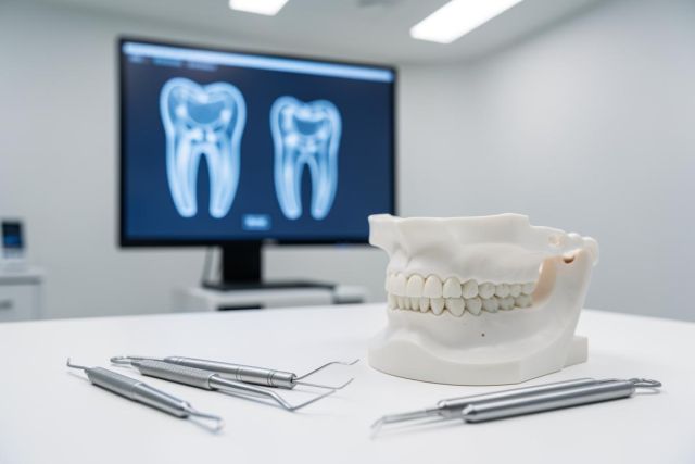 Professional dental clinic setting featuring a realistic white dental model of human teeth and jaw on a clean white surface. Silver dental tools lie in the foreground, while a computer monitor in the blurred background displays blue dental X-ray images. This bright, clinical image represents oral health, dentistry, and professional dental diagnostics.