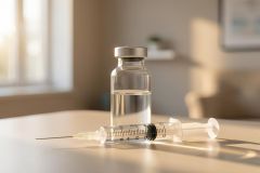 A clear glass vaccine vial filled with liquid sits beside a medical syringe on a bright table. Bathed in soft, natural sunlight from a window, the scene emphasizes healthcare, immunization, and medical prevention. The clean, professional setting with warm tones is ideal for medical and vaccination-related content.