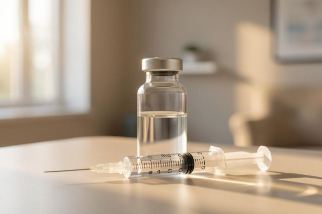 A clear glass vaccine vial filled with liquid sits beside a medical syringe on a bright table. Bathed in soft, natural sunlight from a window, the scene emphasizes healthcare, immunization, and medical prevention. The clean, professional setting with warm tones is ideal for medical and vaccination-related content.