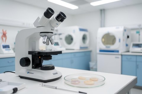 A professional white compound microscope sits on a clean laboratory workbench in a bright, modern medical research facility. In the foreground, a petri dish containing biological samples rests near a pen. The background features blue cabinets and scientific equipment, emphasizing a sterile microbiology and clinical research environment.