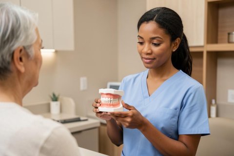 A young Black dental professional wearing blue scrubs holds a model of human teeth to explain dental procedures to an elderly patient. The scene takes place in a bright, clean dental office with neutral tones, emphasizing oral health care and professional medical consultation.