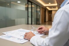 A scientist in a white lab coat examines a molecular model over scientific research documents and charts in a modern, brightly lit laboratory. The professional setting features glass partitions and a clean workspace, highlighting themes of biochemistry, pharmacology, and medical research.