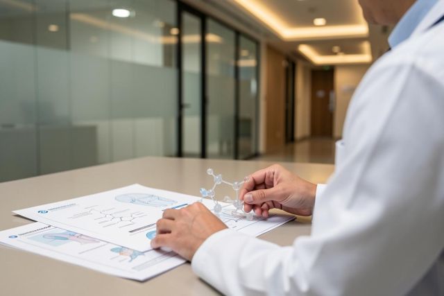 A scientist in a white lab coat examines a molecular model over scientific research documents and charts in a modern, brightly lit laboratory. The professional setting features glass partitions and a clean workspace, highlighting themes of biochemistry, pharmacology, and medical research.