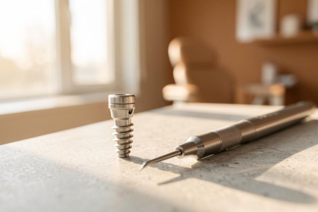 A close-up view of a metallic dental implant and a dental handpiece on a light surface in a bright dental clinic. Natural sunlight streams through a window, illuminating the professional medical tools. The blurred background shows a dental chair, emphasizing a modern and clean oral surgery or dentistry environment.