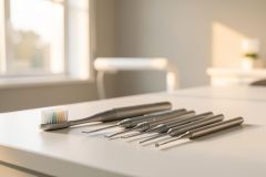 A set of stainless steel dental instruments and a toothbrush lie on a white surface in a bright, clinical dental office. The scene features soft natural lighting from a blurred window, emphasizing a clean and professional medical environment.