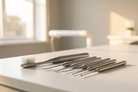 A set of stainless steel dental instruments and a toothbrush lie on a white surface in a bright, clinical dental office. The scene features soft natural lighting from a blurred window, emphasizing a clean and professional medical environment.