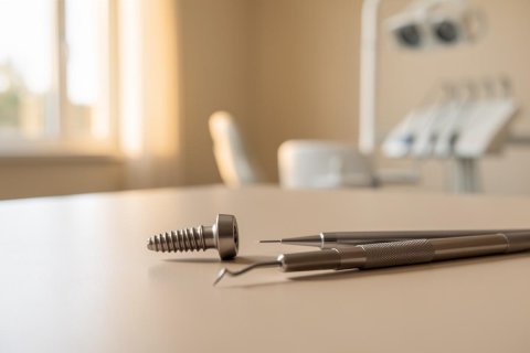 Professional dental implant screw and stainless steel dental instruments resting on a light-colored surface in a modern dental clinic. The blurred background features a dental chair and medical equipment in a bright, sunlit office, highlighting oral healthcare and dental surgery tools.