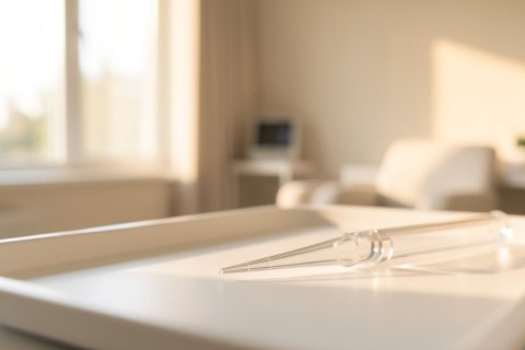 A clear glass pipette lies on a white tray in a bright, sunlit room. The minimalist setting features warm, neutral tones and a soft, blurred background, creating a clean and professional atmosphere. This macro shot emphasizes precision and cleanliness, ideal for medical, laboratory, or scientific contexts.