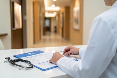 A medical professional in a white lab coat reviews patient documents on a blue clipboard at a white desk. A stethoscope sits beside the paperwork in a bright, modern hospital or clinic setting with a blurred hallway background.