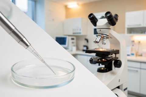 A close-up view of a metal pipette dispensing liquid into a glass Petri dish within a modern scientific laboratory. A professional binocular microscope stands in the blurred background alongside other laboratory equipment and white cabinetry. The bright, clean environment suggests medical research, microbiology, or biotechnology testing.