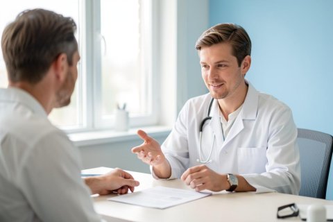 A professional male doctor in a white lab coat and stethoscope conducting a medical consultation with a patient in a bright, modern clinic. They are seated at a desk with documents in a clean office setting featuring light blue walls and natural light from a window.