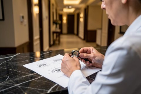 A medical professional wearing a white lab coat uses a magnifying tool to study eye diagrams on a paper sheet. The action occurs on a dark marble countertop within a professional clinic or doctor's office setting. The warm-lit hallway in the background provides a clinical context for optometry and ophthalmology services.