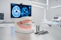 Close-up of a dental jaw model and metal dental implant tools on a sterile surface in a modern clinic. The background shows a blurred dental office with a monitor displaying a medical brain scan, emphasizing professional oral healthcare and implantology procedures.