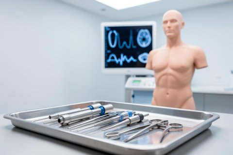 Professional surgical instruments arranged on a stainless steel tray in a medical laboratory. The background features a blurred human anatomy mannequin and a digital monitor displaying medical diagnostic scans, creating a clean, clinical healthcare environment with cool blue and silver tones.