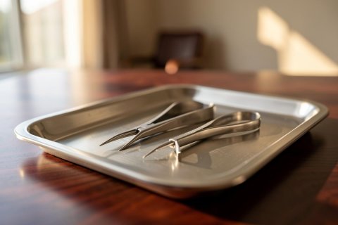 Stainless steel surgical forceps and medical tweezers resting on a silver metal tray atop a dark wooden table. The scene features soft natural lighting and a shallow depth of field, emphasizing the medical instruments within a clean, professional clinical or laboratory setting.