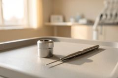 Close-up of professional dental or medical instruments on a clean, light gray tray. The image features a small silver metallic cylinder and a thin metal probe in a bright, sterile clinical environment. The background shows a blurred medical office with soft natural light and neutral beige tones, perfect for healthcare and dentistry themes.