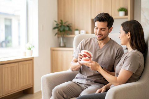 Two dental professionals in grey scrubs sit in a bright, modern clinic setting. A man holds a realistic dental model of teeth and gums, while a woman observes closely. The clean, professional environment features light wood cabinetry, indoor plants, and soft natural light, ideal for dental health and education content.