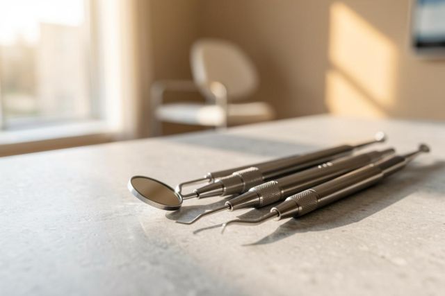 Professional stainless steel dental instruments, including a dental mirror and probes, lie on a clean white surface in a bright, sunlit dental clinic. The blurred background features a dental chair and a window, emphasizing a sterile and modern oral healthcare environment.