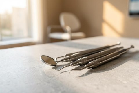 Professional stainless steel dental instruments, including a dental mirror and probes, lie on a clean white surface in a bright, sunlit dental clinic. The blurred background features a dental chair and a window, emphasizing a sterile and modern oral healthcare environment.