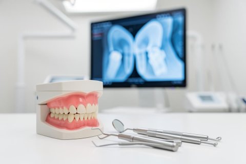 A realistic dental model of teeth and gums sits on a white table next to silver dental instruments. In the blurred background, a digital dental X-ray is displayed on a monitor within a bright, professional dental clinic environment.