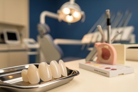 A close-up of high-quality ceramic dental crowns on a silver tray in a modern dental clinic. The background shows a pink dental model, professional dental tools, and a bright examination lamp against a blue wall, emphasizing restorative dentistry and prosthetic tooth replacement services.