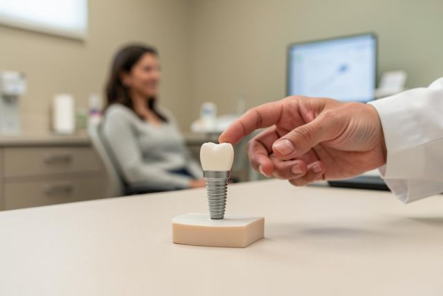 A dentist's hand in a white coat points to a dental implant model on a table in a professional clinic. In the blurred background, a female patient sits in a modern dental office setting. This image captures a dental consultation regarding tooth replacement and oral health procedures.