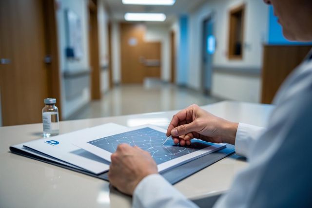 A medical professional in a white lab coat reviews a digital diagram of a molecular network on a tablet in a bright, modern hospital setting. A small glass vial sits on the white counter nearby. This image highlights healthcare technology, pharmaceutical research, and clinical laboratory work within a professional medical environment.