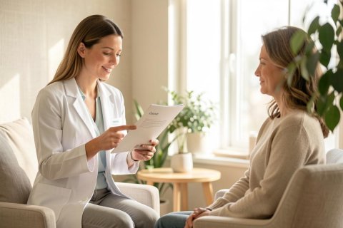 A professional female doctor in a white lab coat conducts a medical consultation with a female patient in a bright, sunlit clinic. The doctor explains a document while they sit in comfortable chairs. The warm, neutral-toned environment includes green indoor plants and soft natural light, conveying a sense of care and trust.