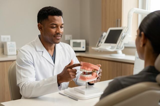A professional Black male dentist in a white lab coat explains oral health to a patient using a dental jaw model. Set in a bright, modern dental clinic, the scene features medical equipment and a clean clinical environment, capturing a moment of professional dental consultation.