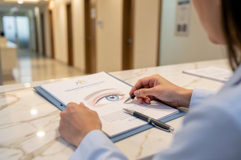 Close-up of a person's hands writing on a medical form featuring a large eye illustration. Set in a bright, modern medical clinic with a marble countertop and a blurred hallway background, this image captures themes of optometry, eye health examinations, and ophthalmology documentation.