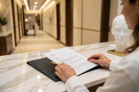 A woman reviews a document on a black folder at a luxury hotel reception desk. The scene features a marble countertop, a white decorative bust, and a blurred, warm-lit upscale hallway in the background. This professional setting conveys high-end hospitality and business elegance with soft, neutral tones and sophisticated interior design.