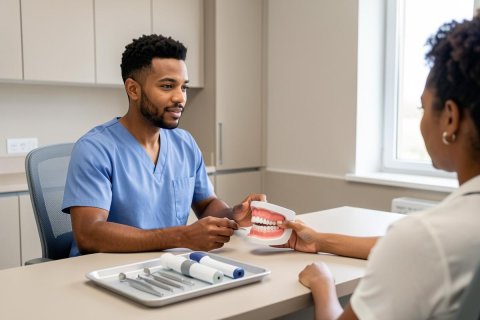 A male dental professional in blue scrubs conducts a consultation with a female patient in a bright, modern dental clinic. He holds a dental model of teeth to explain oral health, while a tray of dental tools sits on the desk between them. The clean, professional environment features neutral tones and soft natural light from a nearby window.