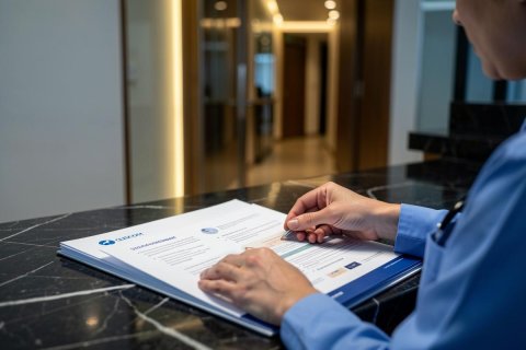 A professional person wearing a blue shirt reviews a document on a sleek black marble counter in a modern, well-lit office or hotel lobby. The background features a blurred hallway with warm ambient lighting, creating a sophisticated atmosphere for administrative or reception work.