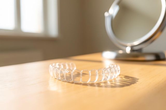 A close-up view of clear dental aligners resting on a smooth wooden table. The transparent orthodontic trays are illuminated by soft light, with a blurred circular mirror and window in the background. This image captures the essence of modern teeth straightening and dental care in a bright, warm indoor setting.