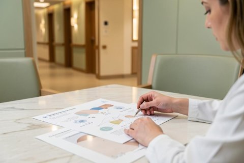 A medical professional in a white lab coat reviews colorful data charts and infographics on a marble table in a bright, modern clinic. They use a pen to point at specific details on the documents. The background shows a clean, professional hospital hallway with soft lighting and neutral tones, emphasizing a healthcare setting.
