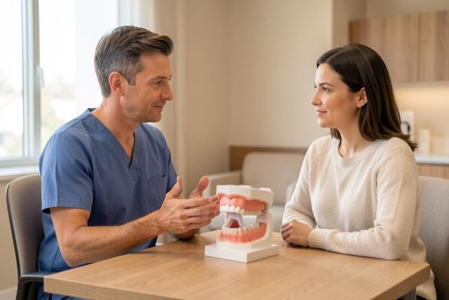A male dentist in blue scrubs conducts a dental consultation with a female patient in a bright, modern clinic. They sit at a wooden table, using a dental jaw model to discuss oral health. The scene is professional, featuring soft lighting and neutral tones.