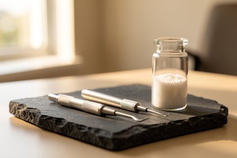 Professional dental instruments and a small glass jar filled with white powder sit on a dark textured slate tray. The scene is captured in a bright, sunlit medical or dental clinic setting with a soft bokeh background. The metallic tools and clear glass jar are highlighted against the neutral, warm tones of the room, emphasizing a clean and clinical atmosphere.