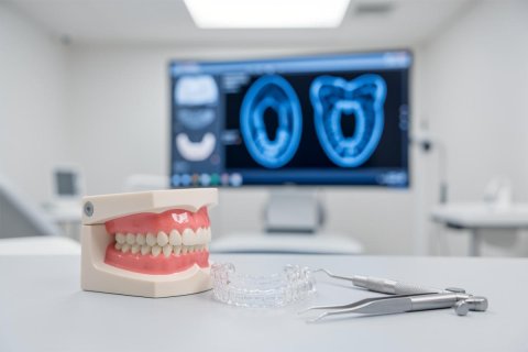 A professional dental setting featuring a realistic tooth model, a clear orthodontic aligner, and metal dental instruments on a white surface. The background shows a blurred digital dental clinic with a large monitor displaying blue 3D intraoral scans. This image highlights modern orthodontic technology, clear aligner treatments, and digital dentistry solutions.