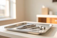 Professional dental instruments, including silver forceps and a dental handpiece, rest on a sterile stainless steel tray in a bright, clean clinical setting. The background features a softly blurred dentist office with warm natural light, highlighting a professional medical environment.