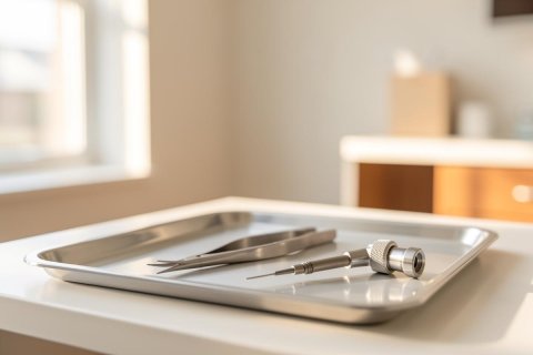 Professional dental instruments, including silver forceps and a dental handpiece, rest on a sterile stainless steel tray in a bright, clean clinical setting. The background features a softly blurred dentist office with warm natural light, highlighting a professional medical environment.