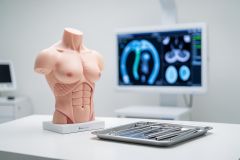 A male anatomical torso model for medical training sits on a clean white table alongside a metal tray of surgical instruments. The background features a computer monitor displaying blue medical brain scans in a bright, professional clinical setting, perfect for healthcare education and anatomical study.