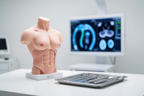 A male anatomical torso model for medical training sits on a clean white table alongside a metal tray of surgical instruments. The background features a computer monitor displaying blue medical brain scans in a bright, professional clinical setting, perfect for healthcare education and anatomical study.