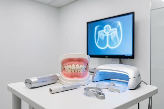 Professional dental equipment displayed on a white table in a bright clinical setting. The scene includes a realistic dental model, a digital intraoral scanner, and clear orthodontic aligners. A background monitor shows a blue digital dental X-ray scan, highlighting advanced modern dentistry and oral healthcare technology.