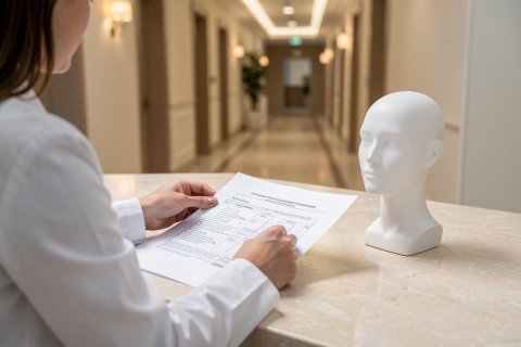 A professional person in a white coat reviews a document on a marble countertop next to a white mannequin head. The background shows a long, blurred hallway with neutral tones and soft lighting, suggesting a medical, clinical, or fashion industry setting.