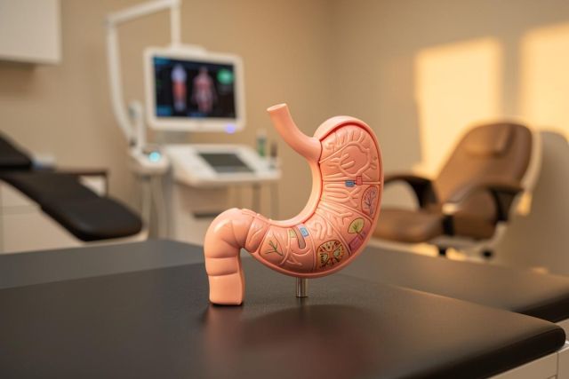 A detailed anatomical model of a human stomach rests on a dark medical examination table in a professional clinic setting. The background features a medical monitor and a patient chair in soft, warm lighting, emphasizing a gastroenterology or healthcare education environment.