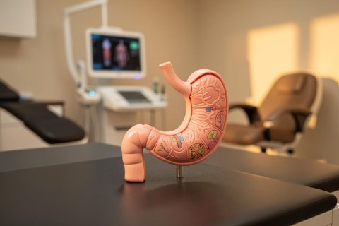 A detailed anatomical model of a human stomach rests on a dark medical examination table in a professional clinic setting. The background features a medical monitor and a patient chair in soft, warm lighting, emphasizing a gastroenterology or healthcare education environment.